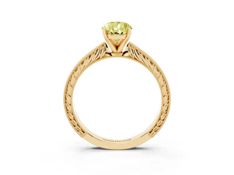 Fancy Yellow Pear Cut Diamond Solitaire Milgrain Engraved Band Set in Yellow gold with Prong Setting