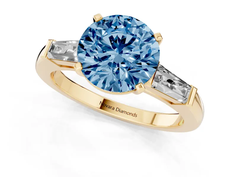 Round Three Stone Engagement Ring Setting for a Fancy Blue Lab-Grown Diamond | Tapered Baguettes | Yellow Gold