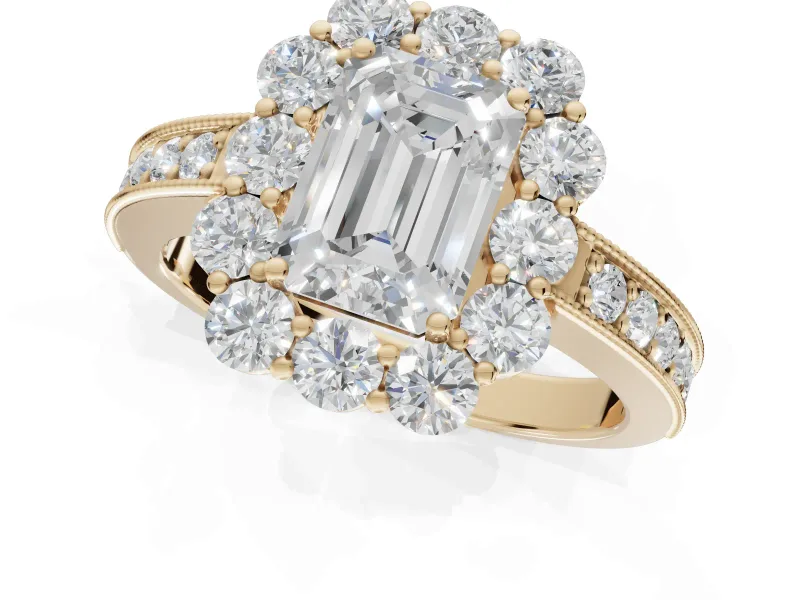 Emerald Cut Vintage Halo Engagement Ring Setting | Milgrain Channel Band | Yellow Gold
