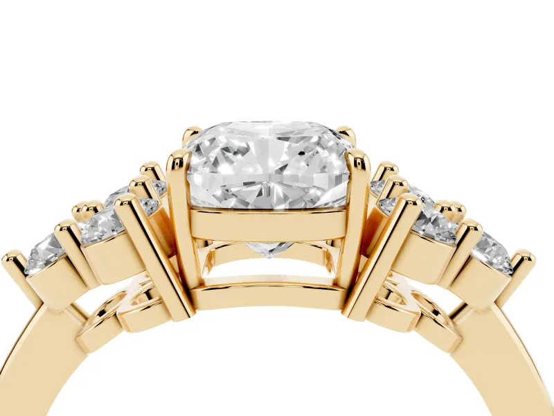 Cushion Cut Diamond Solitaire Ring Set in Yellow gold with Cluster Accents on Each Side