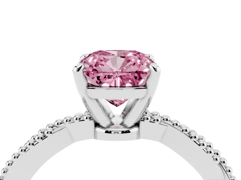 Fancy Pink Cushion Cut Diamond Solitaire Ring Set in Silver with Twisted Band and Bead Prong Setting
