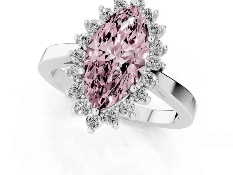 Fancy Pink Marquise Cut Diamond Halo Ring Set in White gold with Round Halo and Smooth Solitaire Band