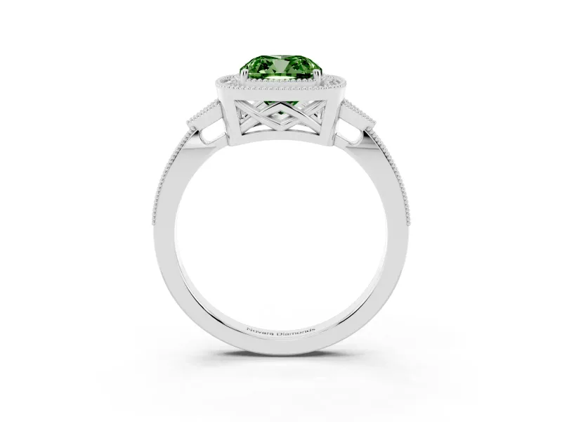 Fancy Green Cushion Cut Diamond Halo Engagement Ring Set in Platinum with Milgrain Pavé Band