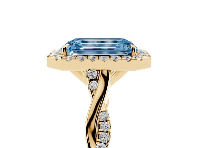 Emerald Cut Twist Halo Engagement Ring Setting for a Fancy Blue Lab-Grown Diamond | Yellow Gold