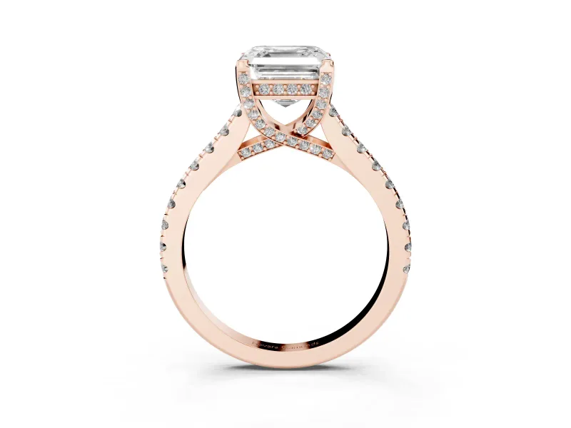 Asscher Cut Hidden Halo Pave Engagement Ring Setting | Claw Prongs | Rose Gold