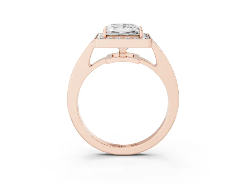 Princess Cut Diamond Halo Pavé Engagement Ring Set in Rose gold with Bezel Setting