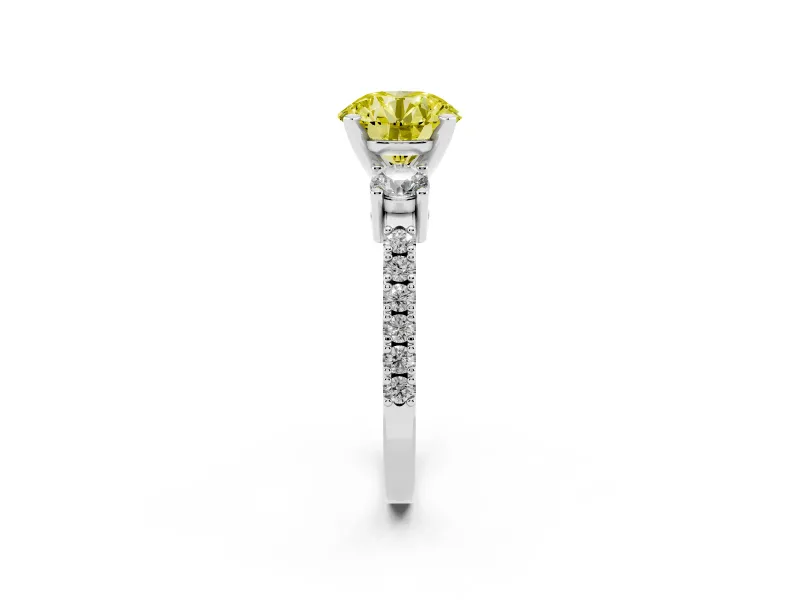 Fancy Yellow Three-Stone Round Cut Diamond Pavé Band Ring Set in Platinum with Prong Setting