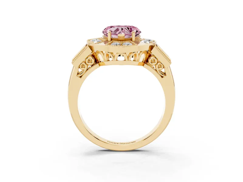 Fancy Pink Heart Cut Diamond Milgrain Halo Ring Set in Yellow gold with Split Shank