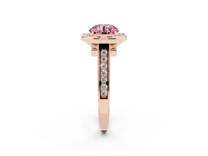 Fancy Pink Round Cut Diamond Halo Solitaire Ring Set in Rose gold with Pavé Band and Bezel Setting