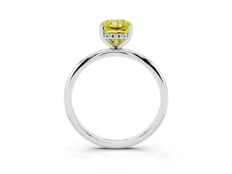 Fancy Yellow Radiant Cut Diamond Solitaire Engagement Ring Set in White gold with Prong Setting and Polished Band