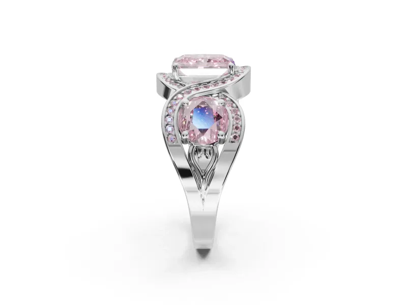 Radiant Cut Three Stone Engagement Ring Setting for a Fancy Pink Lab-Grown Diamond | Pavé Wave Band | Sterling Silver