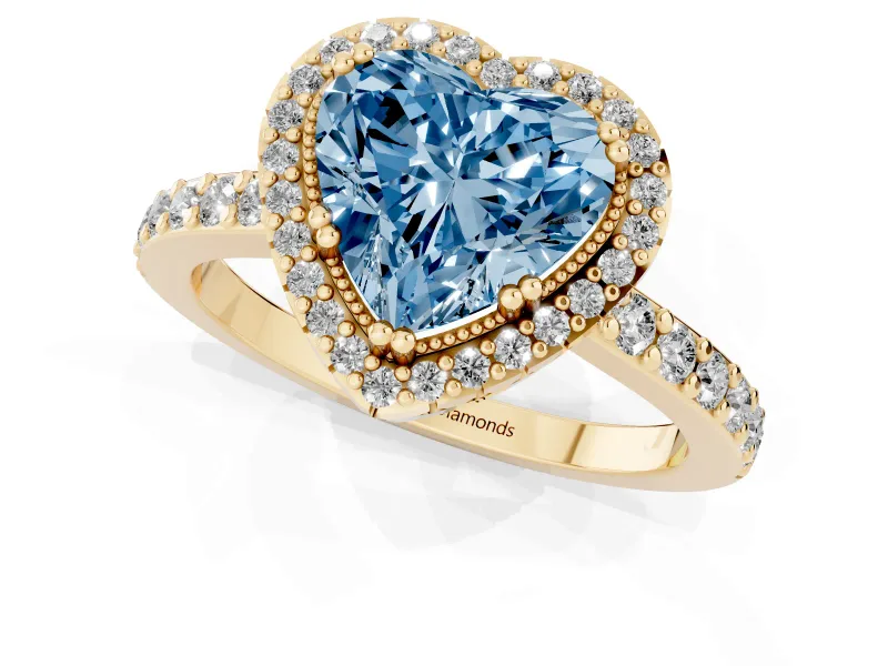 Heart-Shaped Milgrain Halo Engagement Ring Setting for a Fancy Blue Lab-Grown Diamond | Pavé Band | Yellow Gold