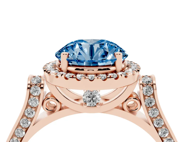 Round Pavé Halo Engagement Ring Setting for a Fancy Blue Lab-Grown Diamond | Rose Gold