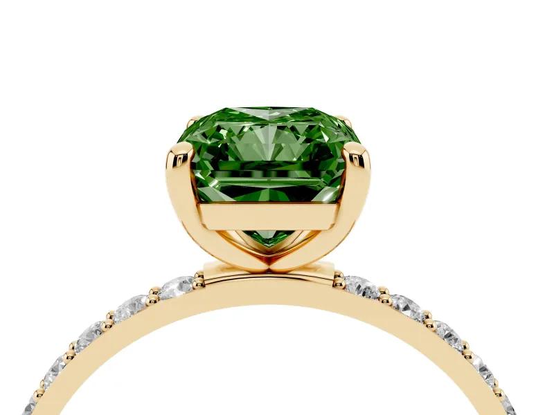 Radiant Cut Pave Solitaire Engagement Ring Setting for a Fancy Green Lab-Grown Diamond | Pave Shoulders | Yellow Gold