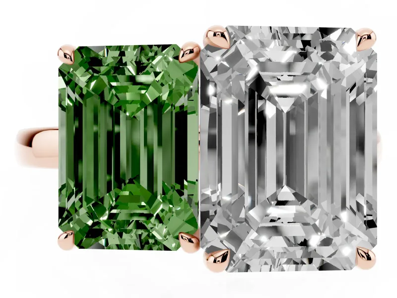 Fancy Green Emerald Cut and Emerald Cut Toi Moi Ring Set in Rose gold with Prong Setting