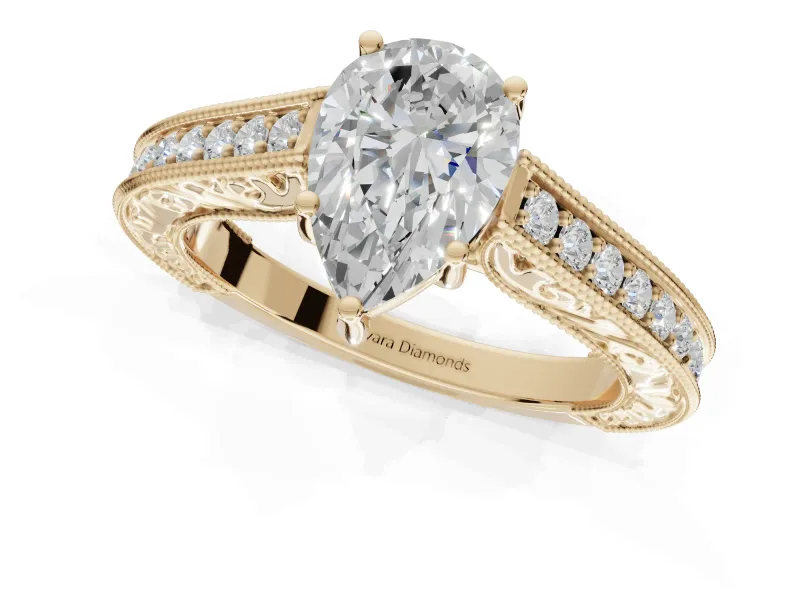 Pear-Shaped Vintage Engraved Pavé Engagement Ring Setting | Milgrain Edges | Yellow Gold
