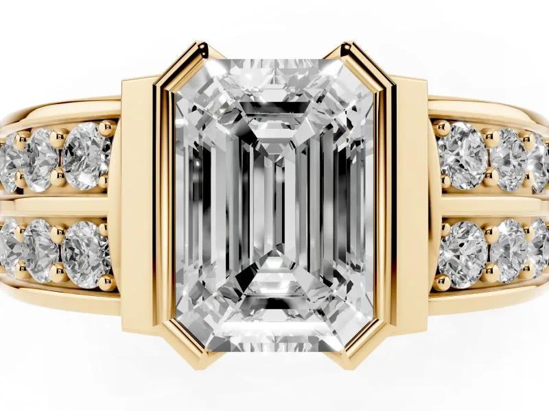 Emerald Cut Half Bezel Engagement Ring Setting | Double Row Channel Band | Yellow Gold