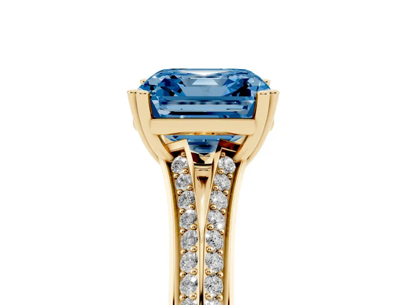 Asscher Cut Split Shank Engagement Ring Setting for a Fancy Blue Lab-Grown Diamond | Pave Band | Yellow Gold