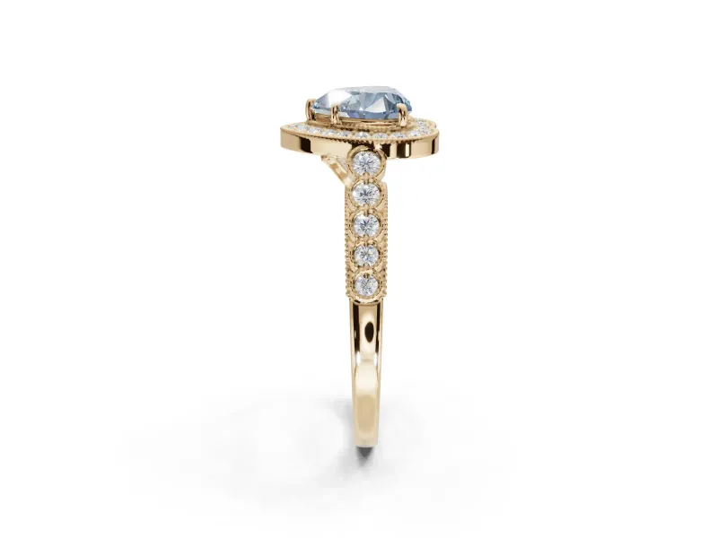 Heart-Shaped Graduated Milgrain Halo Engagement Ring Setting for a Fancy Blue Lab-Grown Diamond | Yellow Gold