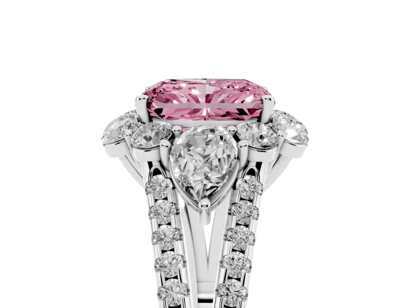Fancy Pink Radiant Cut Diamond Halo Split Shank Engagement Ring Set in White gold with Prong-Held Center Stone