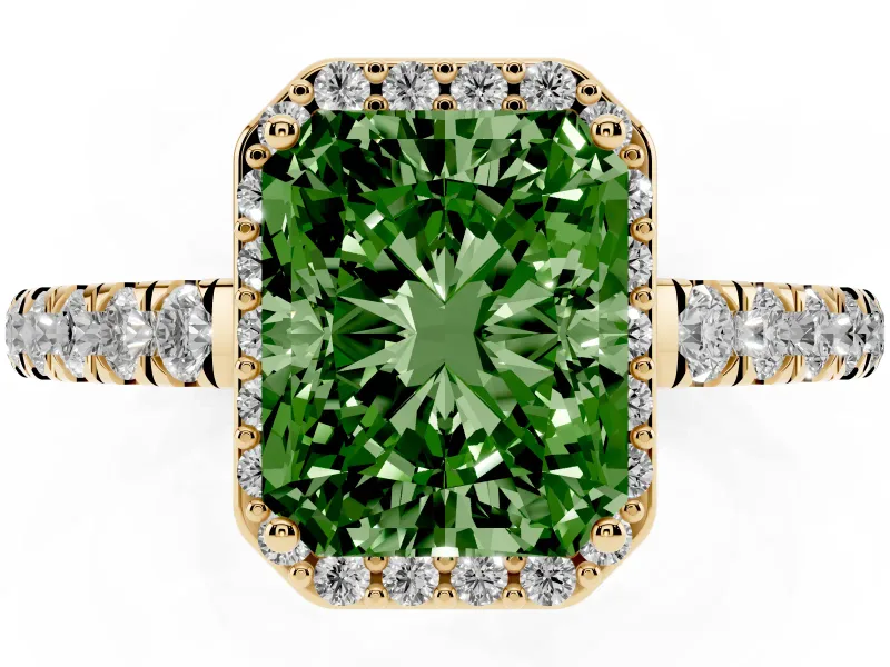 Fancy Green Radiant Cut Diamond Halo Engagement Ring Set in Yellow gold with Pavé Band and Prong Setting