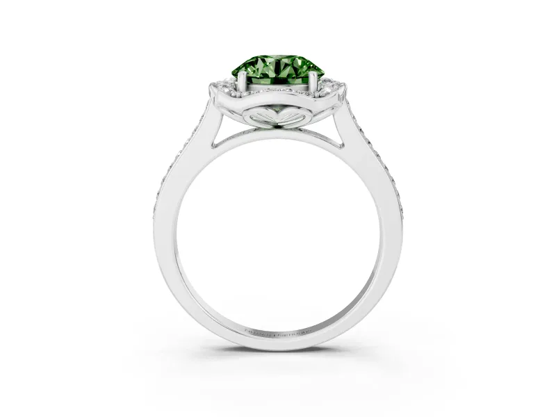 Round Petal Tip Halo Engagement Ring Setting for a Fancy Green Lab-Grown Diamond | Pavé Band | Sterling Silver