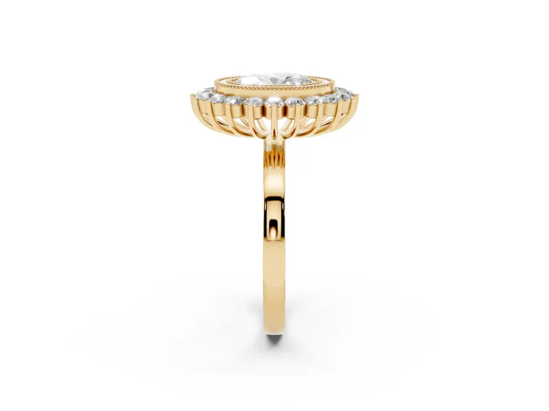 Oval Cut Diamond Halo Ring Set in Yellow gold with Milgrain Edge and Round Prong Setting