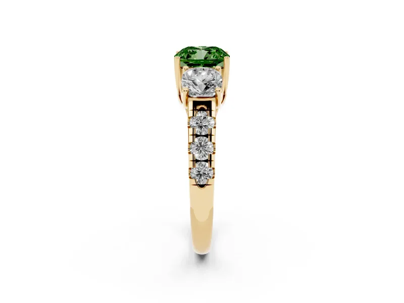 Cushion Cut Three Stone Engagement Ring Setting for a Fancy Green Lab-Grown Diamond | Accented Shoulders | Yellow Gold