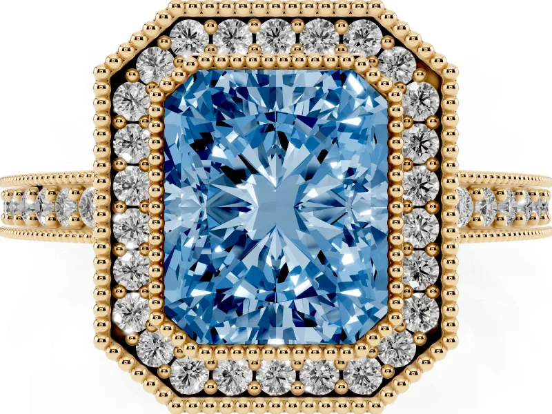 Radiant Cut Milgrain Halo Engagement Ring Setting for a Fancy Blue Lab-Grown Diamond | Pave Band | Yellow Gold