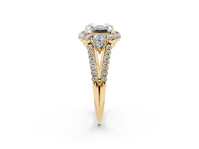 Asscher Cut Scalloped Halo Engagement Ring Setting | Pear Side Stones | Yellow Gold