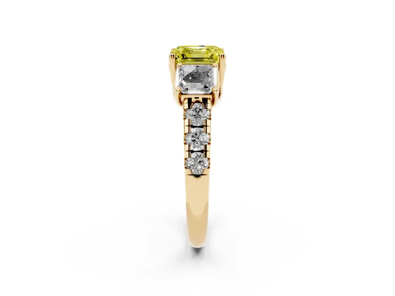 Asscher Cut Three Stone Engagement Ring Setting for a Fancy Yellow Lab-Grown Diamond | Accented Shoulders | Yellow Gold