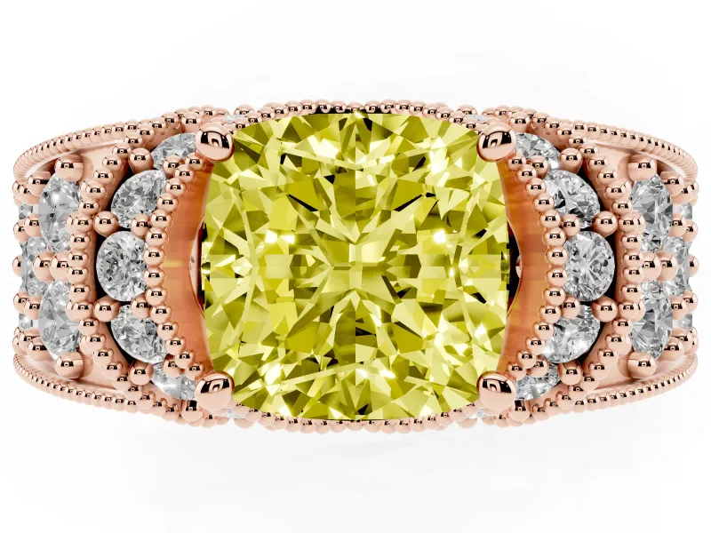 Cushion Cut Vintage Pave Engagement Ring Setting for a Fancy Yellow Lab-Grown Diamond | Milgrain Edges | Rose Gold
