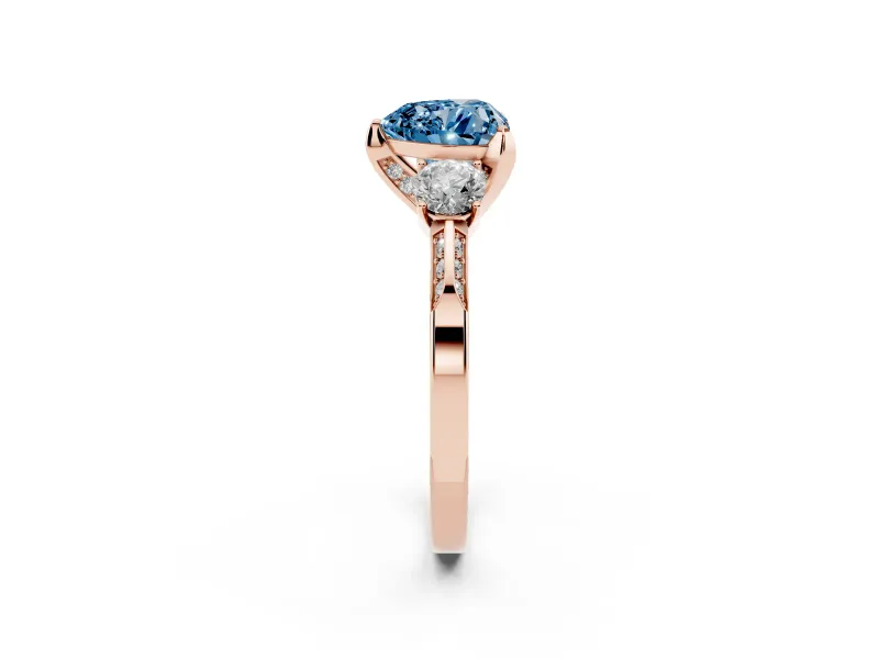 Heart-Shaped Hidden Halo Three Stone Engagement Ring Setting for a Fancy Blue Lab-Grown Diamond | Rose Gold