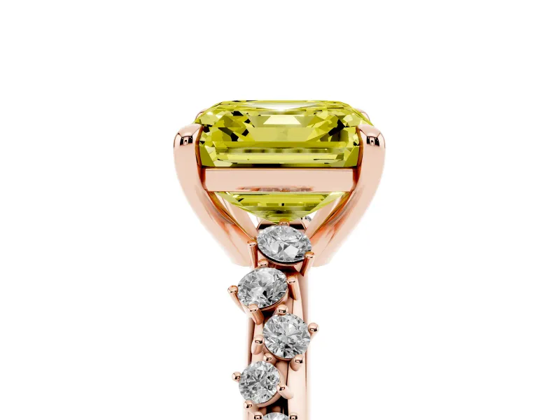 Fancy Yellow Asscher Cut Diamond Solitaire Vine Band Ring Set in Rose gold with Round Accents and Prong Setting