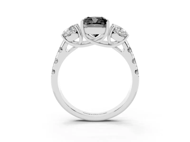 Fancy Black Cushion Cut Diamond Three-Stone Ring Set in White gold with Pavé Band