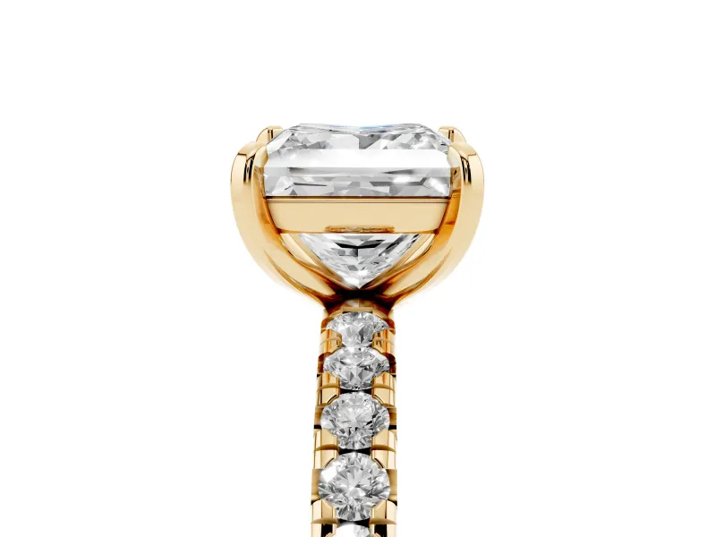 Princess Cut Pavé Solitaire Engagement Ring Setting | Shared Prong Band | Yellow Gold