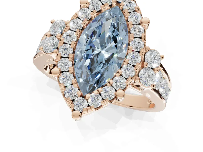 Marquise Halo Engagement Ring Setting for a Fancy Blue Lab-Grown Diamond | Side Clusters | Rose Gold
