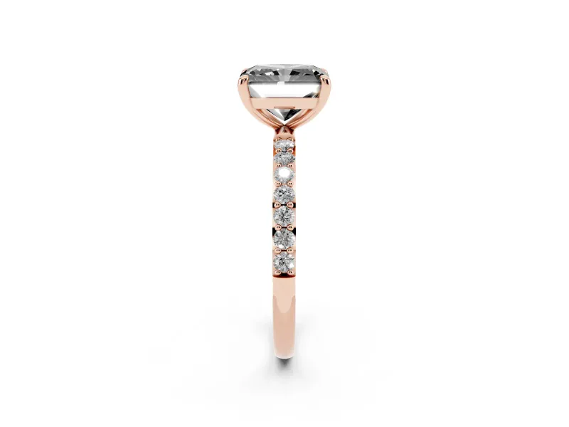 Fancy Black Radiant Cut Diamond Solitaire Ring Set in Rose gold with Round Pavé Band and Prong Setting