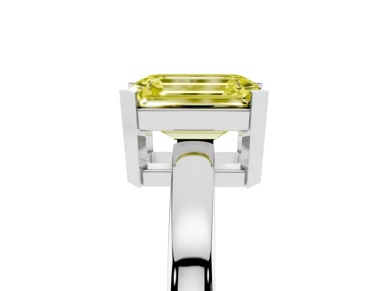 Fancy Yellow Emerald Cut Diamond Solitaire Ring Set in Platinum with Prong Head and Smooth Polished Band