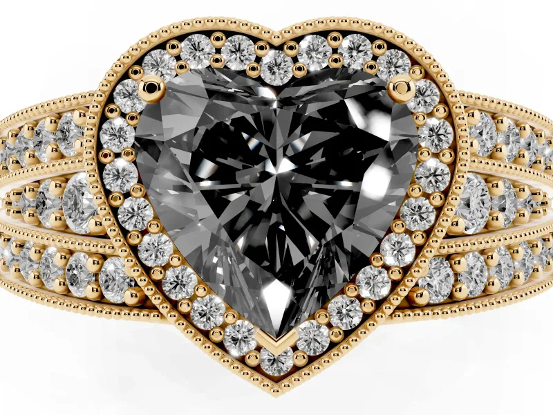 Fancy Black Heart Cut Diamond Halo Ring Set in Yellow gold with Accent Split Shank and Prong Setting