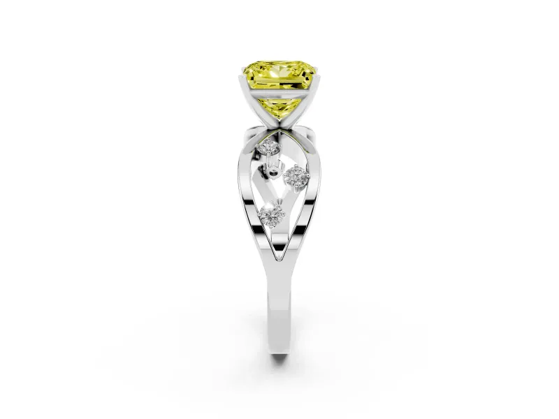 Fancy Yellow Princess Cut Diamond Solitaire Ring Set in White gold with Side Stones on Criss-Cross Band and Prong Setting