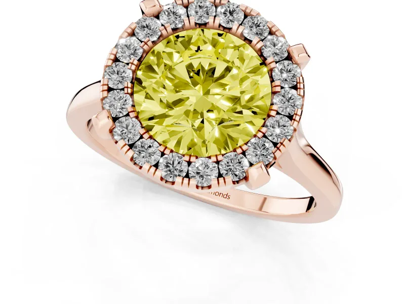 Round Halo Engagement Ring Setting for a Fancy Yellow Lab-Grown Diamond | Claw Corners | Rose Gold