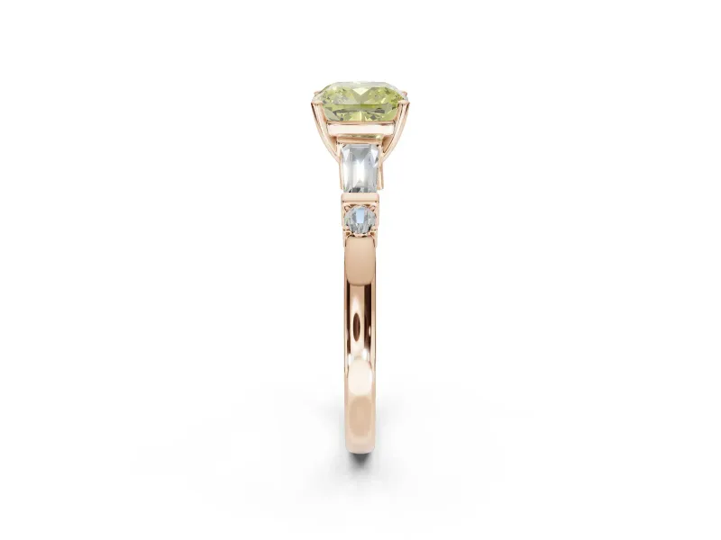Cushion Cut Tapered Baguette Engagement Ring Setting for a Fancy Yellow Lab-Grown Diamond | Bar Set Sides | Rose Gold