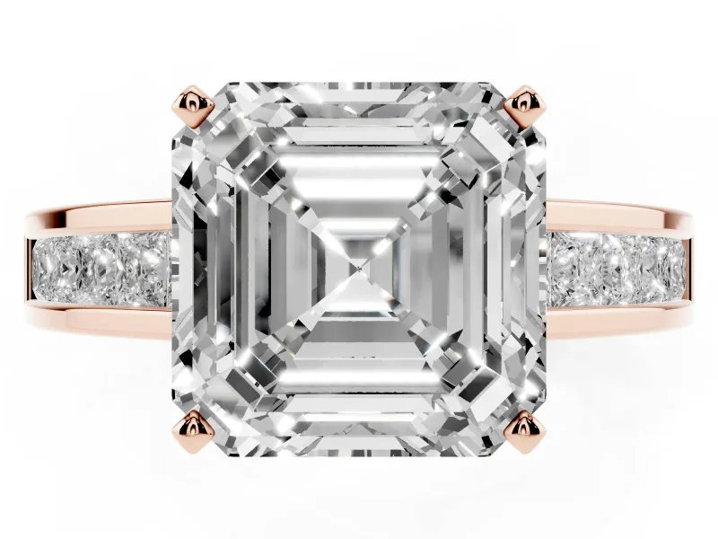 Asscher Cut Diamond Solitaire Ring Set in Rose gold with Channel-Set Band and Prong Setting