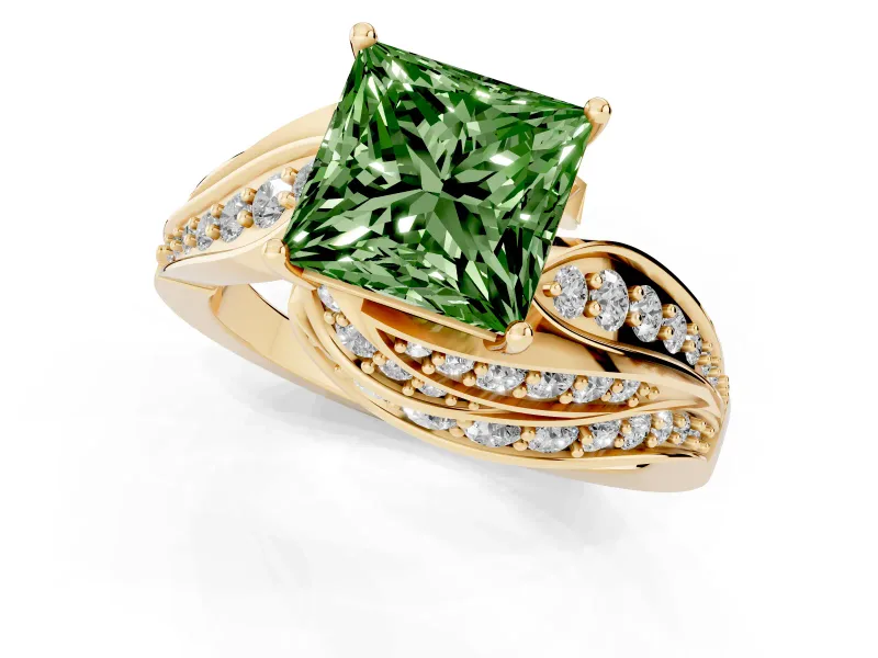 Princess Cut Bypass Pavé Engagement Ring Setting for a Fancy Green Lab-Grown Diamond | Graduated Pavé | Yellow Gold