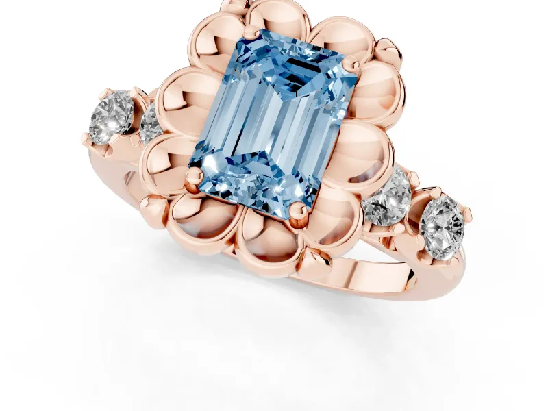 Emerald Cut Floral Engagement Ring Setting for a Fancy Blue Lab-Grown Diamond | Petal Frame and Side Stones | Rose Gold
