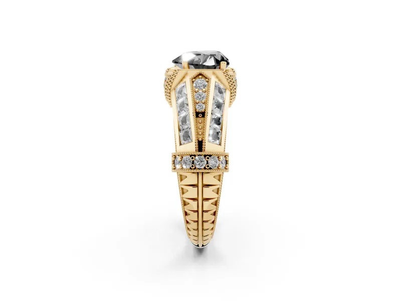 Fancy Black Heart Cut Diamond Vintage-Inspired Milgrain Ring Set in Yellow gold with Accent Split Shank