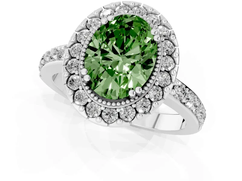 Oval Milgrain Halo Engagement Ring Setting for a Fancy Green Lab-Grown Diamond | Pavé Shoulders | Sterling Silver