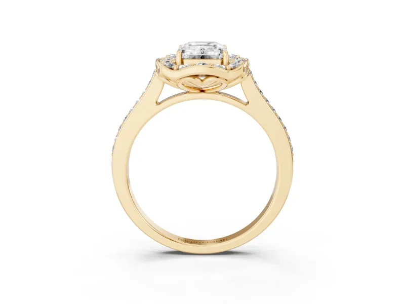 Emerald Cut Petal Tip Halo Engagement Ring Setting | Single Row Pavé Band | Yellow Gold