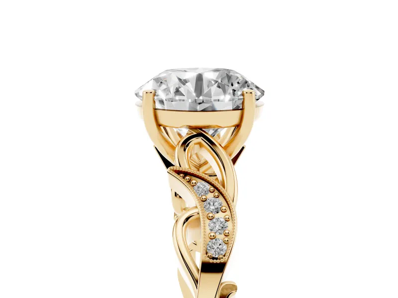 Round Vintage Vine Solitaire Engagement Ring Setting | Milgrain Leaves | Yellow Gold